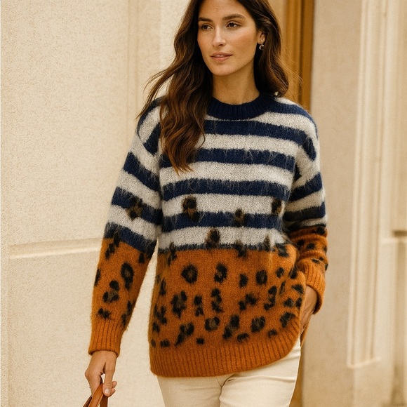 Sandro Mohair Blend Striped Leopard Print Boho Fuzzy Cozy Crewneck Sweater Size - Picture 1 of 9